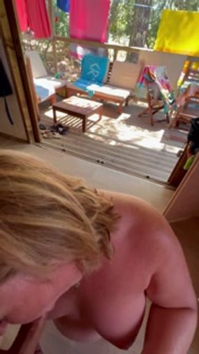 Blowjob in exhibition in a naturist campsite in France: Agathe sucks naked and cums in mouth