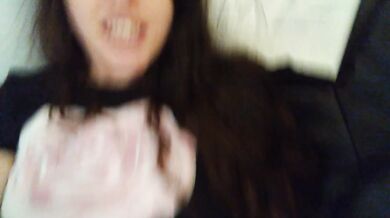 Pink pussy flashes as horny wife sinks into garbage chair