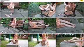 Beautiful girl Zhi zhi shows her long legs and beautiful feet in a long skirt and ultra-thin skin-colored pantyhose on a park bench