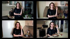 2-6 Ramona Lynn is smoking all-white Virginia Slims 120s cigarettes in the kitchen at home using matches (4 scenes) 4K resolution