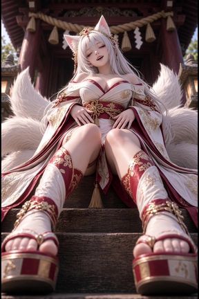 3d anime kitsune masturbates on temple stairs and rides her cocks