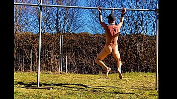 naked pathetic white slave public outdoor in penis cage do fitness and swings at his gay balls, CMNM