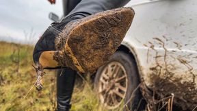 MUD SOLE Mistress walks through the mud in high heeled ankle boots