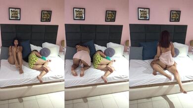 I masturbate in my stepsister's room while she rests, she wakes up and we end up having lesbian sex