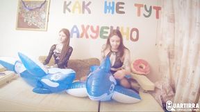 Q816 Ava and Leya deflate two blue Intex Whales - 480p