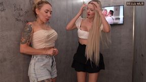 two hot blondes, angelica heaven and bella mur, share a huge cock in a gloryhole!