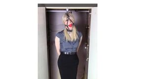 Harness gagged in black pencil skirt and grey blouse shirt