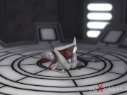 Sexy sci-fi female alien plays with a black girl in the space station