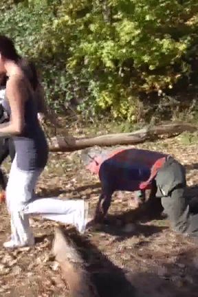 Dominant joggers walking their pet slave