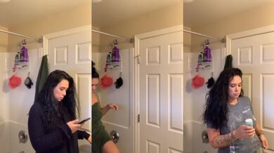 Milf caught showering radio cranked moaning big tits soaked
