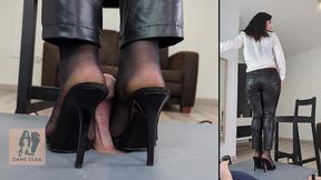 pov shoejob in black stockings, leather pants and high heel mules on cock table - dame olga 4k (725)