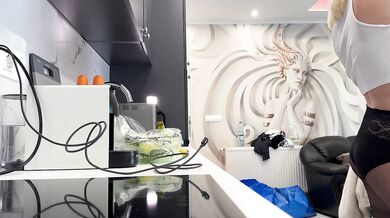 Hot and sexy tight pussy blonde wife in the kitchen shows her sheer shiny black pantyhose and takes off panties