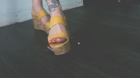 Giantess goddess Charlie Caroline Crushes a 1970 Ford Cuda in big strong wedges with painted toenails close left low view