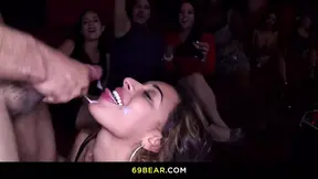 Wild group of girls suck and fuck guy at party