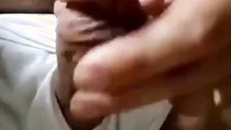 Curved small cock bulges out of lingerie before handjob cumshot