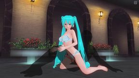 3D Hentai. Miku in a swimsuit rides a dick near the pool