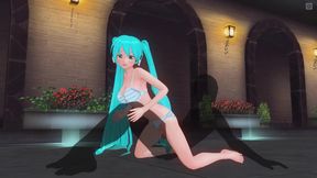 3D Hentai. Miku in a swimsuit rides a dick near the pool