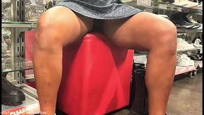 Curvy cashier teases with upskirt view while assisting busty blonde