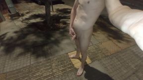 Totally naked in public walking on the street and cum