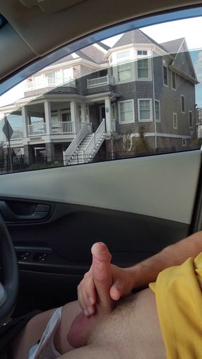 Big balls and stroking hard and thick mushroom tipped veiny cock in a g-string in car   Clip 3