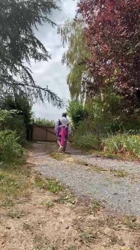 Dressed like a gardener with a purple dress for a day