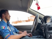 Gay jerk off in car, get caught, no cum.