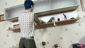 Blue Haired Piah K rides his cock reverse style with her slim waist.