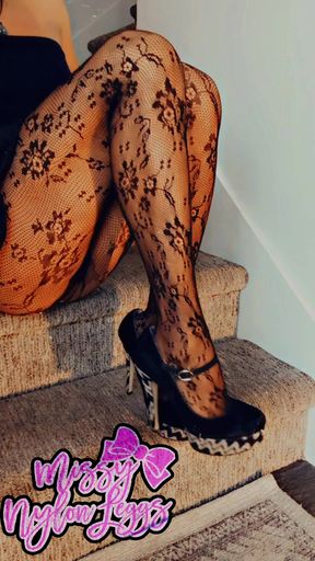 MissyNylonLeggs - Fishnet Pantyhose Teasing on the Stair