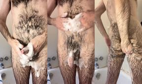 Skinny white guy washing my very hairy dick, balls, and ass in the shower