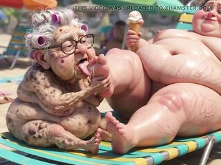 Elderly Granny Passionately Sucking BBW Feet on the Beach