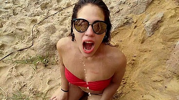 POV BEACH NERVEUS FIRST TIME OUTSIDE, DRINKING PISS, DEEP THROAT AND BLOWJOB!!!