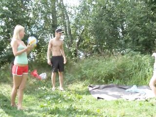 The redhead and the blondie gottagether and teamed up to have sex in the woods... they must take turns to suck and ride Milo P palpitating dick. It's an outsides three-some session!