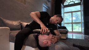 Dirty shoes and smelly socks for the slave, while the Master plays with him and teases his nipples