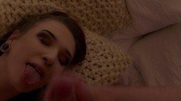 Tattooed Sammie fucks and takes facial in red lingerie