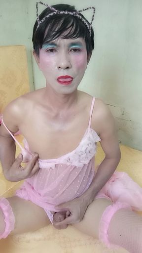 Oanh Le transgender wearing a sexy robe masturbating happily