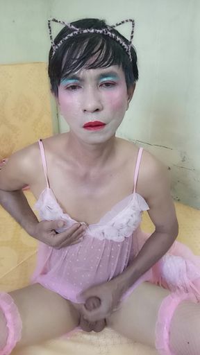 Oanh Le transgender wearing a sexy robe masturbating happily