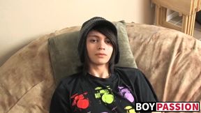 Skinny twink Roxy stuffs dildo and wanks off after interview