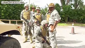 Black Army Bottom Fucked While Sucking In 3way Outdoor