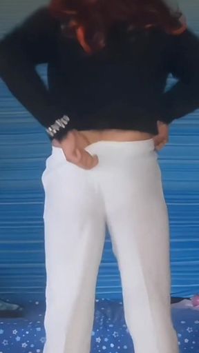 Teasing in My White Buiseness Pants and Red Heels Stripping to My Panties