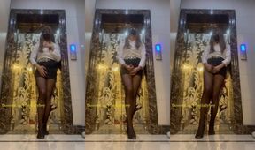 Chinese ladyboy sprayed cum while working overtime in elevator stockings