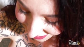 Green-eyed Dutch girl ESLUNA LOVE jerks me off and plays with her hairy pussy