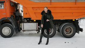 Tall long-legged beauty in high heels drives a big Soviet truck - pedal pumping