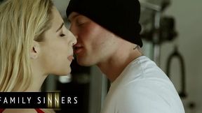 Hot Blonde Slut Bounces on Stepbro's Dick in Gym, Takes His Load on Her Pussy