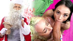 Hot MILF and teen babe share a monster cock Christmas