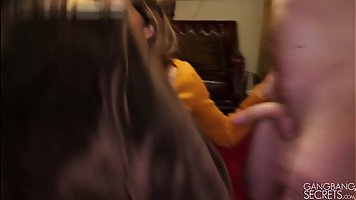 Big boobed hot blonde MILF blowbanged by a bunch of guys