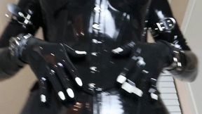 Shiny Latex Rubberdoll Puts on Kigurumi Mask and Vibrates Rubber Pussy