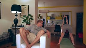 milf yoga moved from mat to chair with an ending on her face