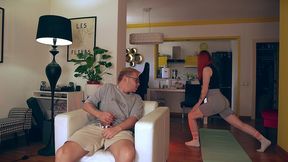 milf yoga moved from mat to chair with an ending on her face