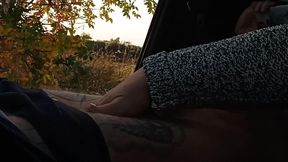 My Wife Jerks off My Dick in the Car in Nature Close up