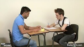 Jesse Jordan & Student`s Hard Work in Suite: Man-on-Man Fuck with Blowjobs, Anal & Tattoos